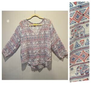 Roberta Roller Rabbit Elephant Print Gauze Lightweight V-neck Blouse Top Medium
